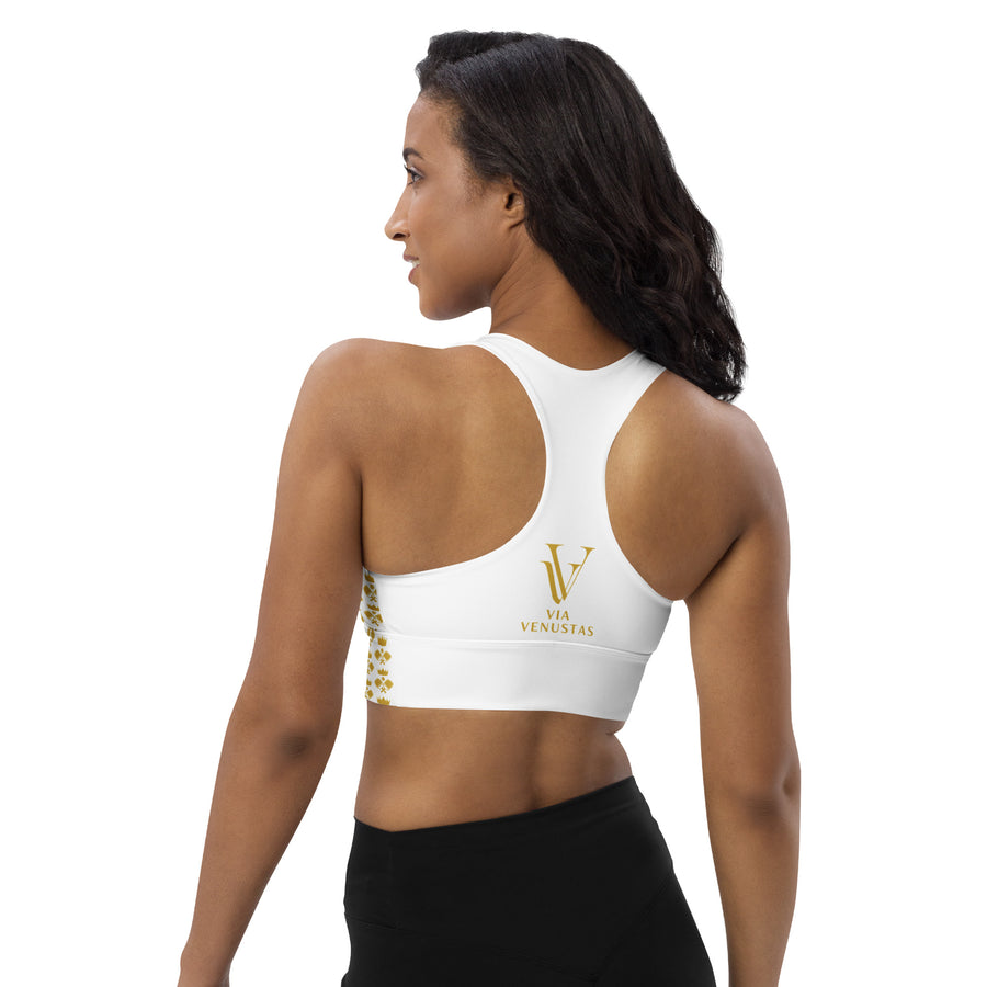 "Queen of the Pickleball Court" Longline Fitness Bra in White/Old Gold