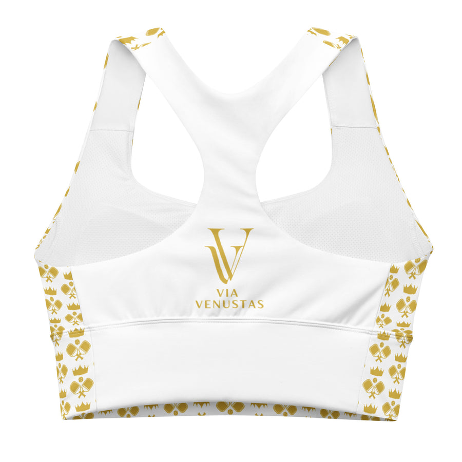 "Queen of the Pickleball Court" Longline Fitness Bra in White/Old Gold