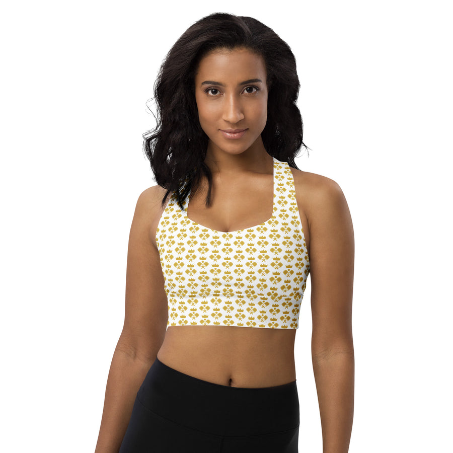 "Queen of the Pickleball Court" Longline Fitness Bra in White/Old Gold