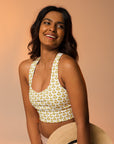 "Queen of the Pickleball Court" Longline Fitness Bra in White/Old Gold