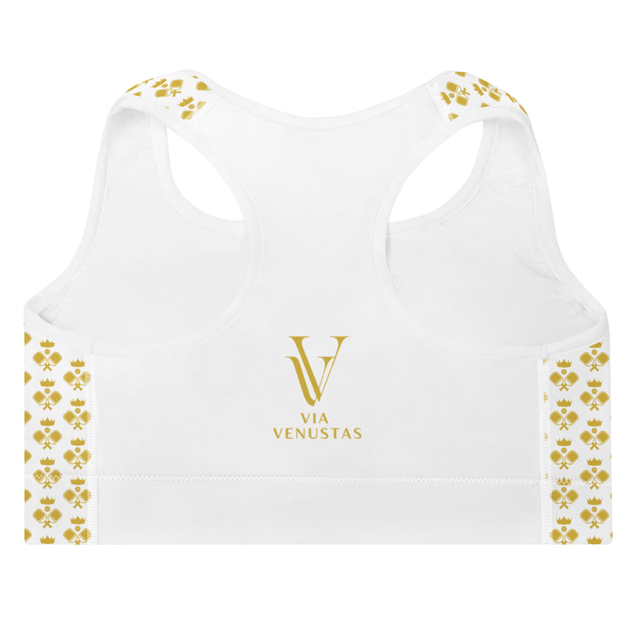 "Queen of the Pickleball Court" Fitness Bra in White/Old Gold