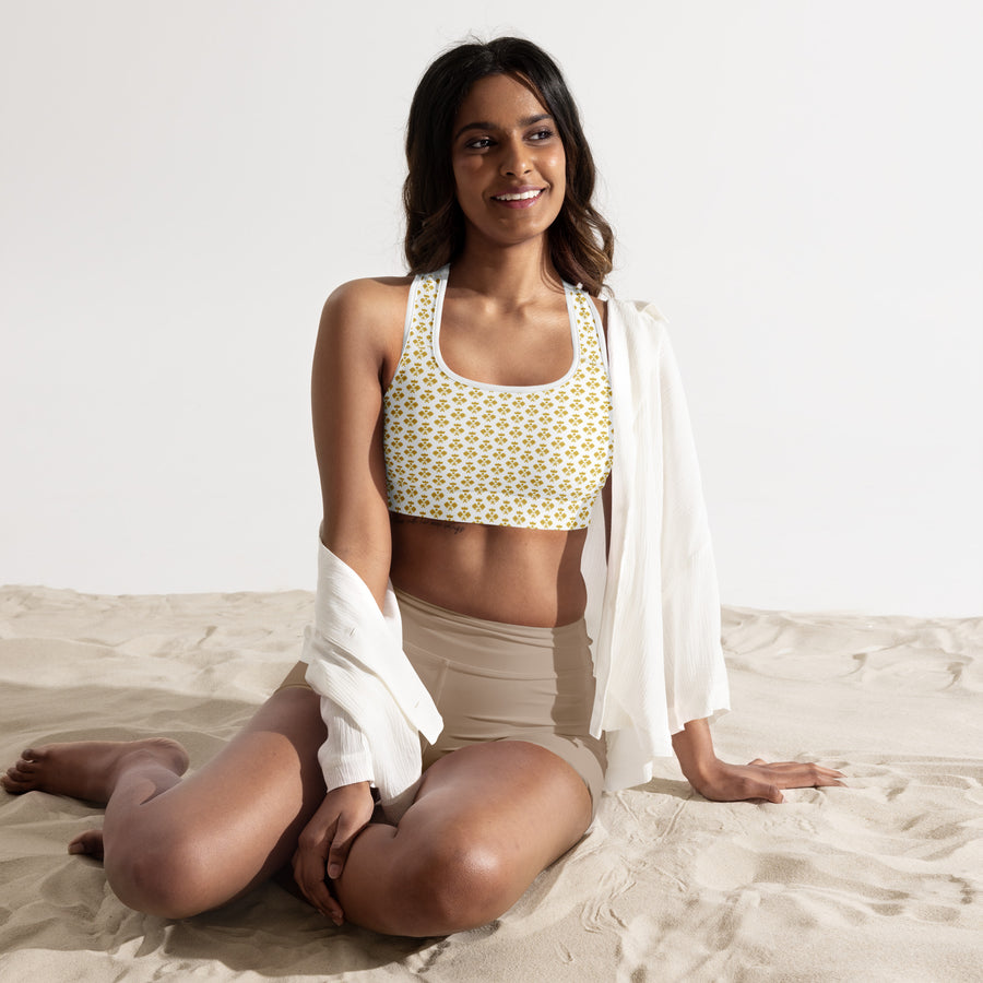 "Queen of the Pickleball Court" Fitness Bra in White/Old Gold