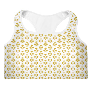 "Queen of the Pickleball Court" Fitness Bra in White/Old Gold