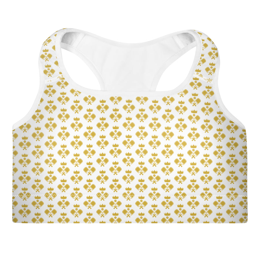 "Queen of the Pickleball Court" Fitness Bra in White/Old Gold