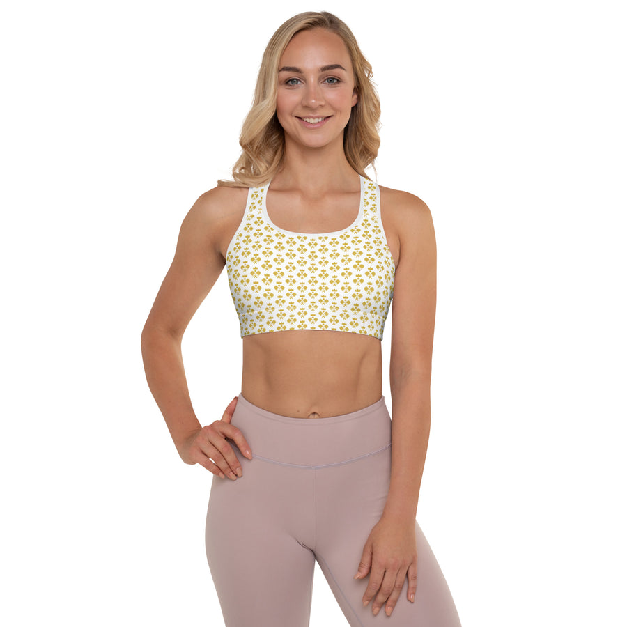 "Queen of the Pickleball Court" Fitness Bra in White/Old Gold