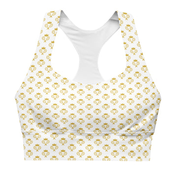 Via Venustas - "Queen of the Court" Longline Fitness Bra in White/Old Gold, Fitness Bra, XS