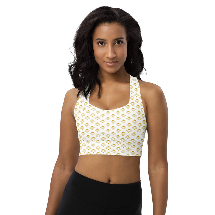 Via Venustas - "Queen of the Court" Longline Fitness Bra in White/Old Gold, Fitness Bra