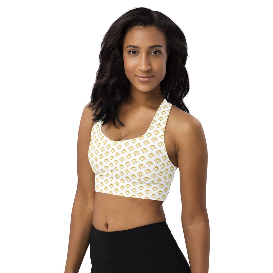 Via Venustas - "Queen of the Court" Longline Fitness Bra in White/Old Gold, Fitness Bra