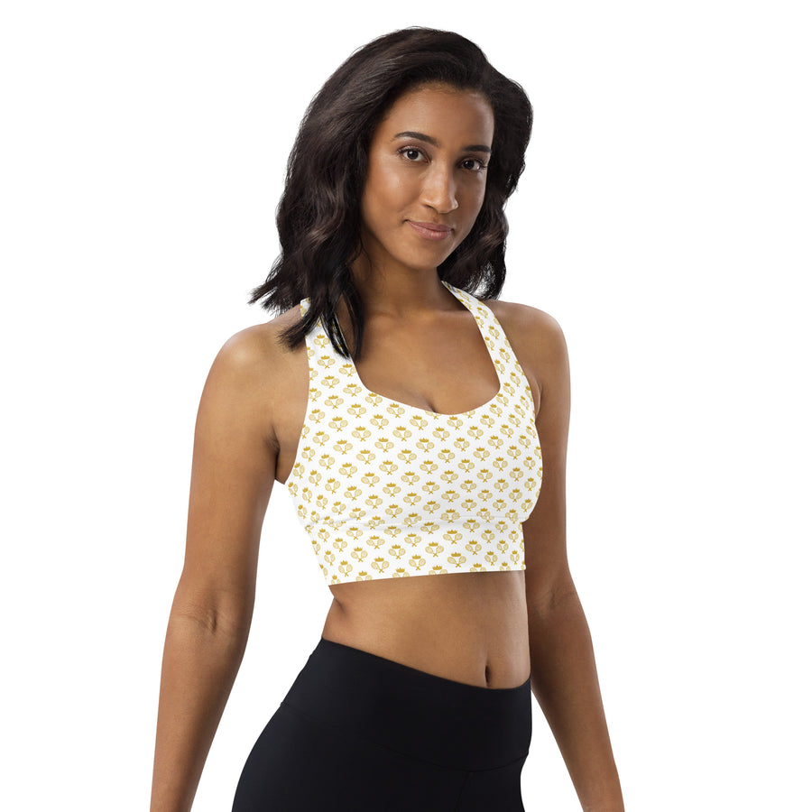 Via Venustas - "Queen of the Court" Longline Fitness Bra in White/Old Gold, Fitness Bra